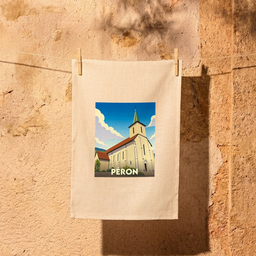 Torchon souvenir de la ville de Péron avec une illustration stylisée de son église.