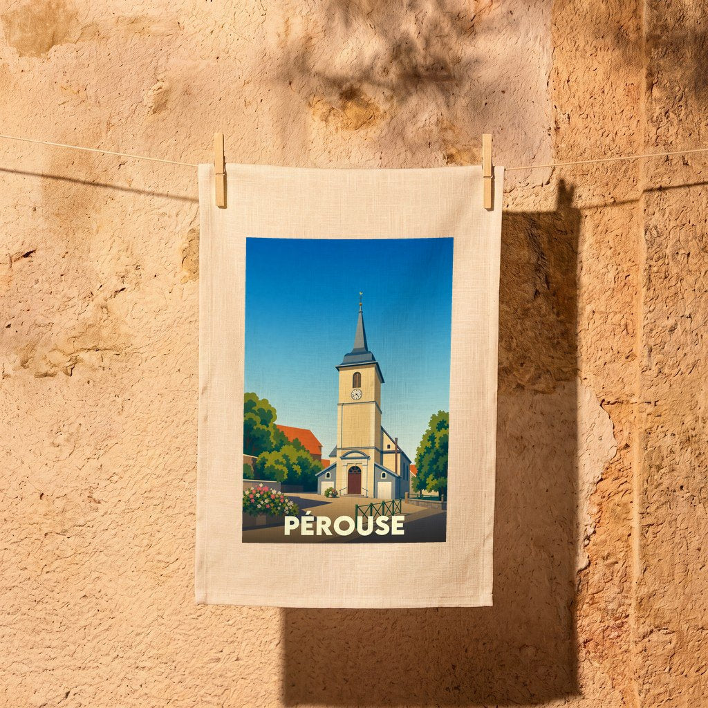 Torchon souvenir de la ville de Pérouse orné d'une illustration stylisée de son église.