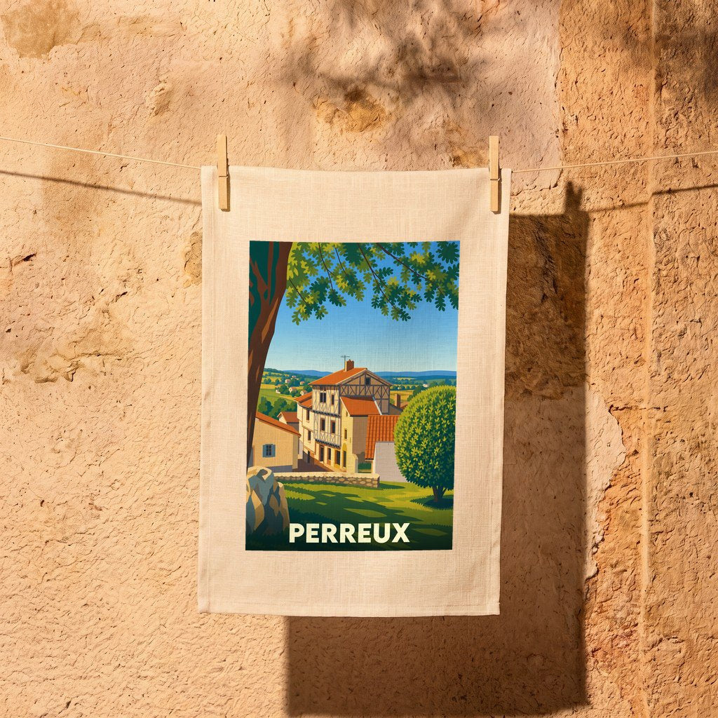 Torchon souvenir de la ville de Perreux illustré d'un paysage de campagne pittoresque.