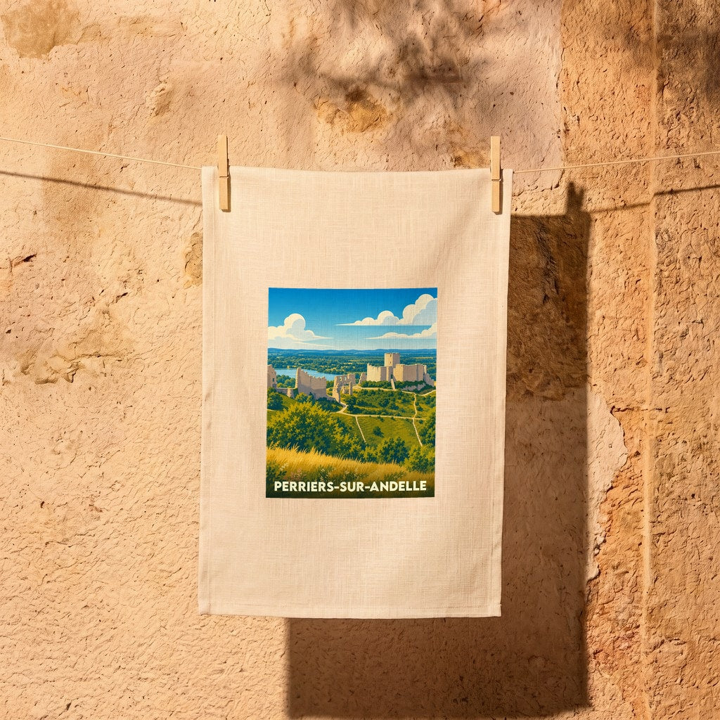 Torchon souvenir de la ville de Perriers-sur-Andelle avec une illustration stylisée d'un paysage médiéval.