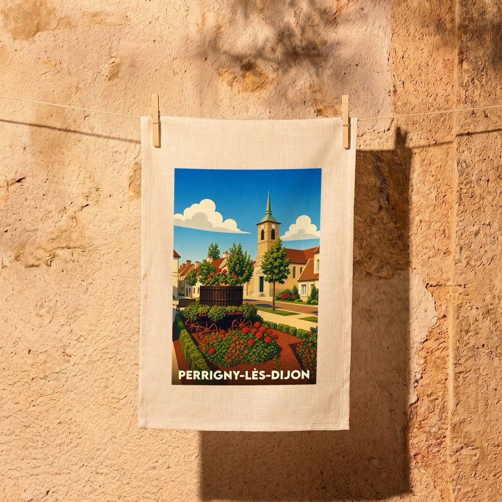 Torchon souvenir de la ville de Perrigny-lès-Dijon avec une illustration stylisée.