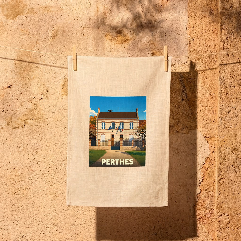 Torchon souvenir de la ville de Perthes avec une illustration stylisée.