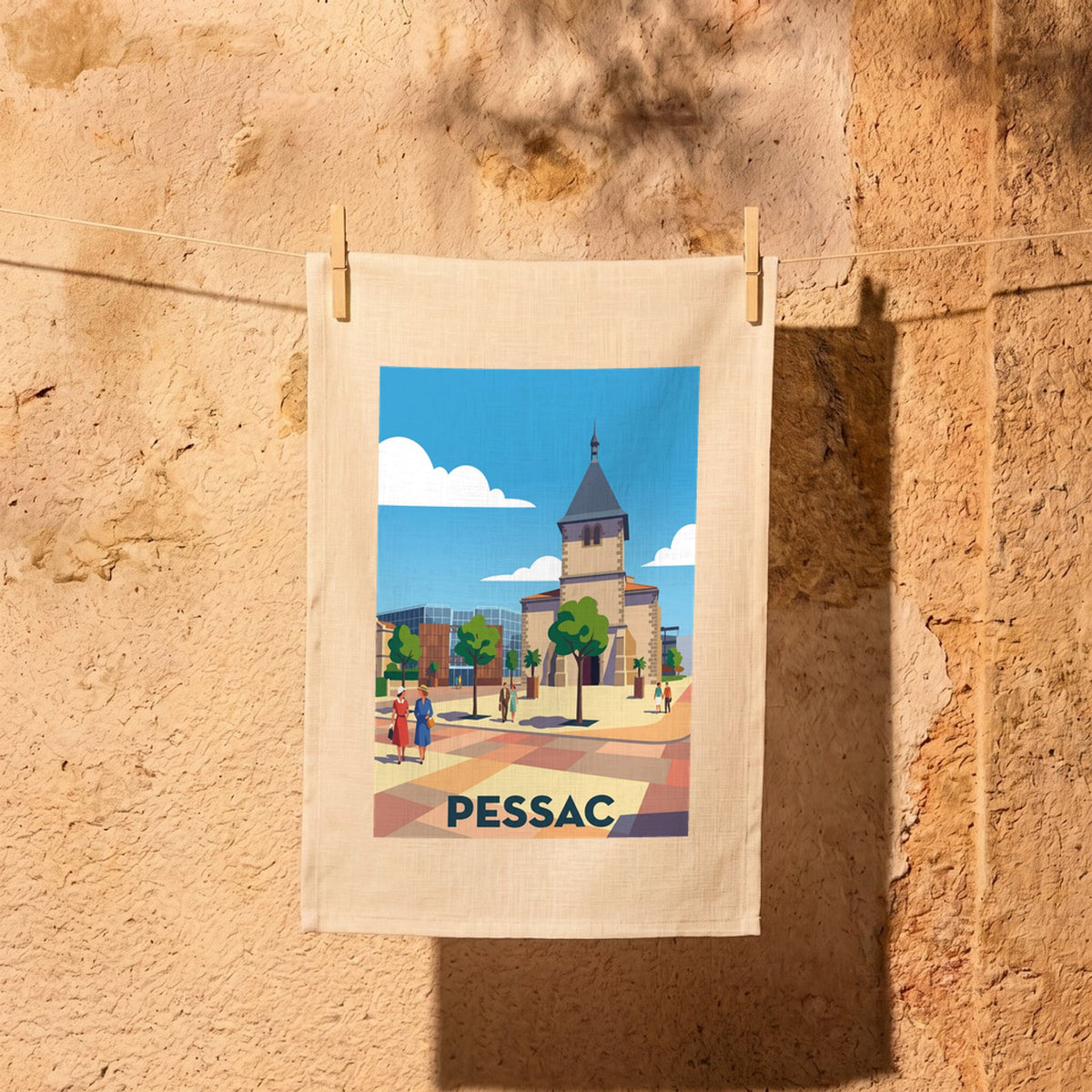 Torchon souvenir de la ville de Pessac avec une illustration stylisée de son centre-ville.