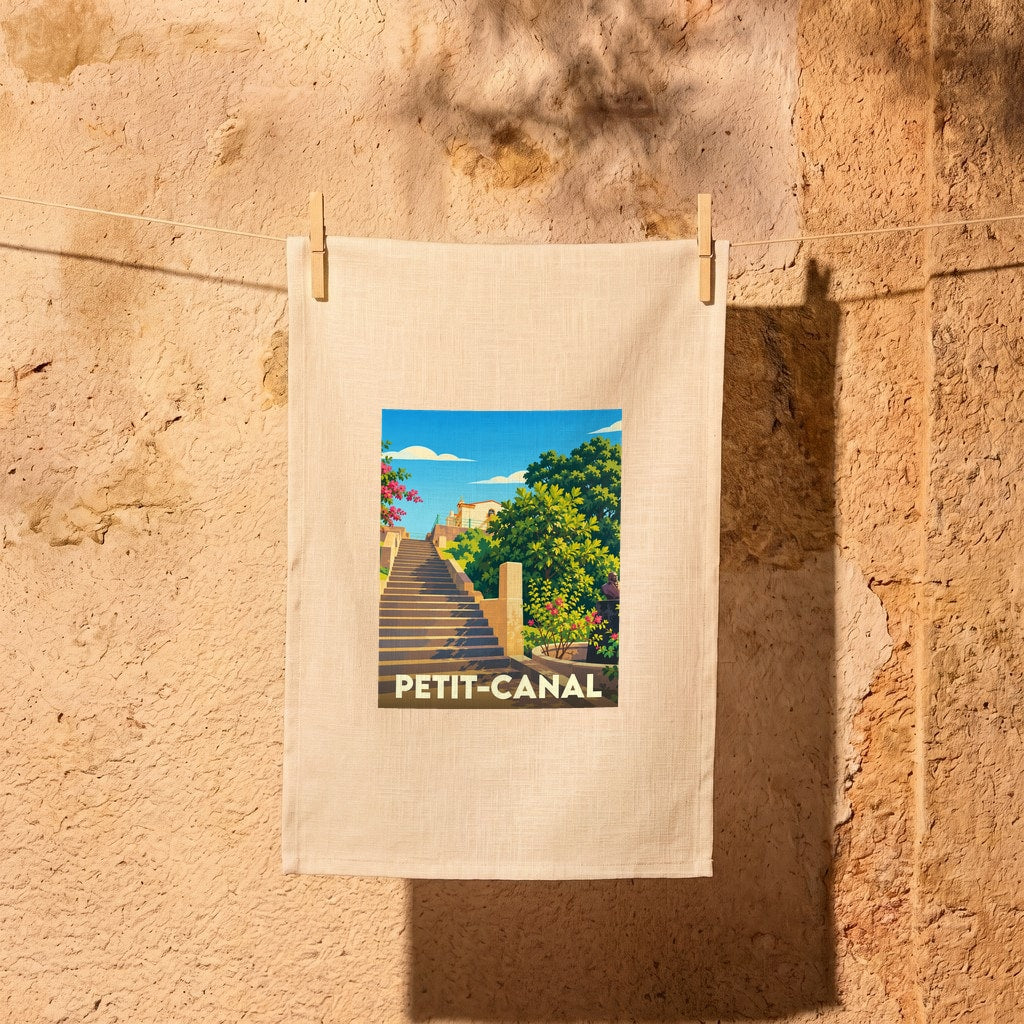 Torchon souvenir de la ville de Petit-Canal avec une illustration stylisée d'un escalier fleuri.