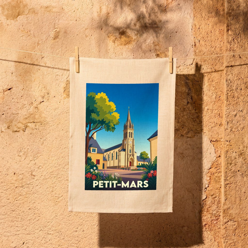 Torchon souvenir de la ville de Petit-Mars avec une illustration stylisée d'une église sous un ciel bleu.