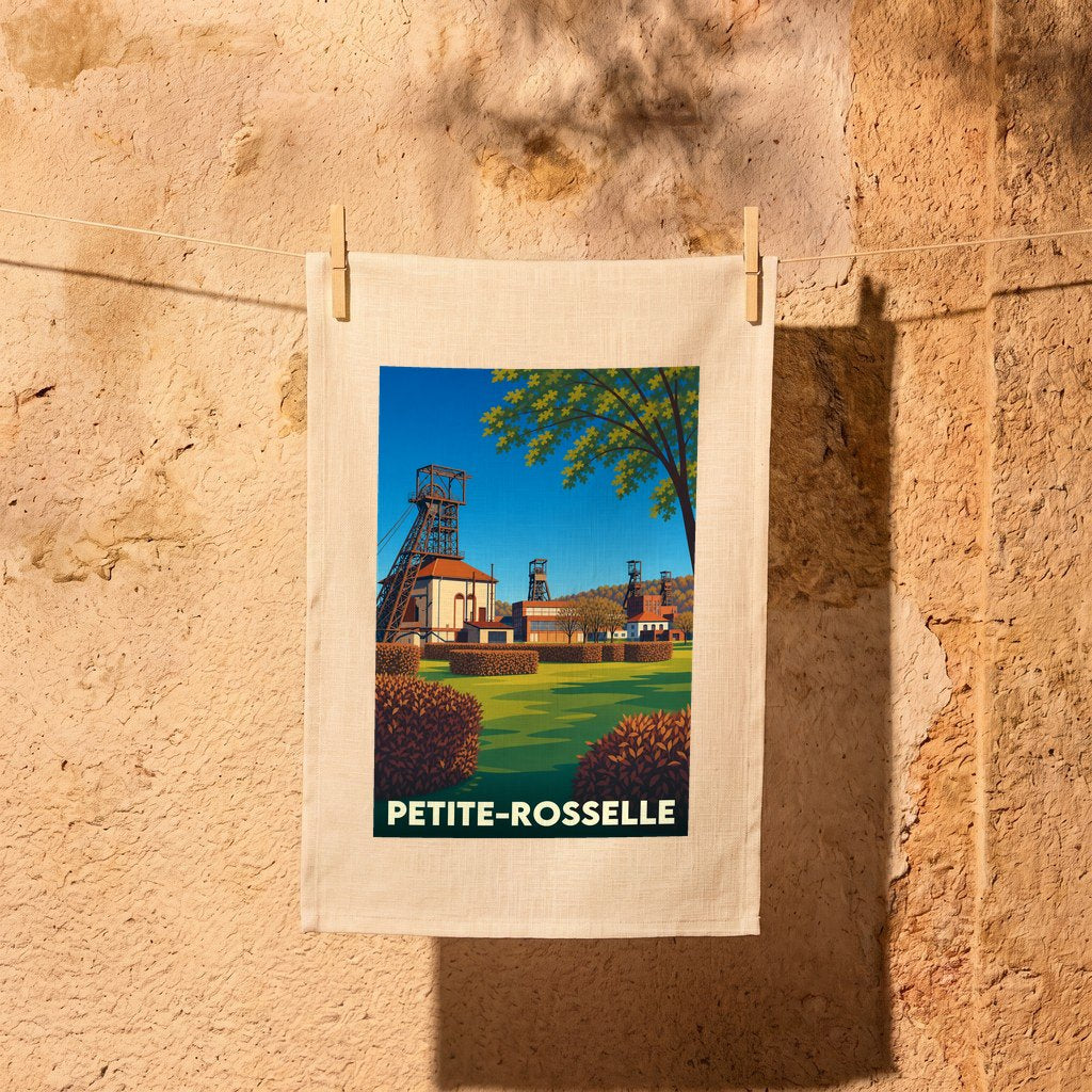 Torchon souvenir de la ville de Petite-Rosselle illustré d'une scène de carreau de mine stylisée.