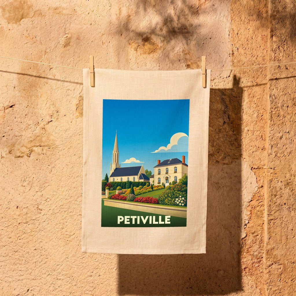 Torchon souvenir de la ville de Petiville avec une illustration colorée représentant une église et une maison bourgeoise.