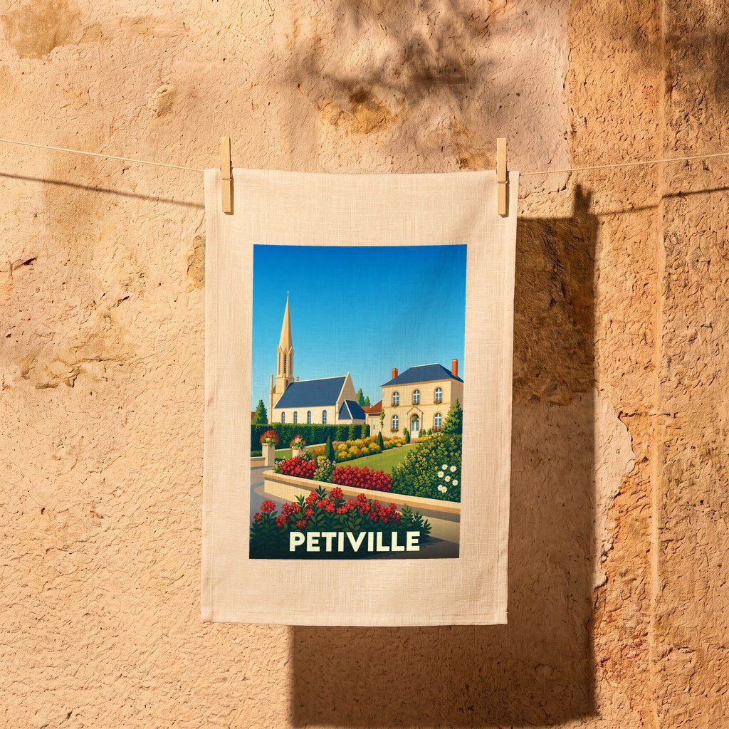 Torchon souvenir de la ville de Petiville orné d'une illustration stylisée de son église et de ses jardins fleuris.