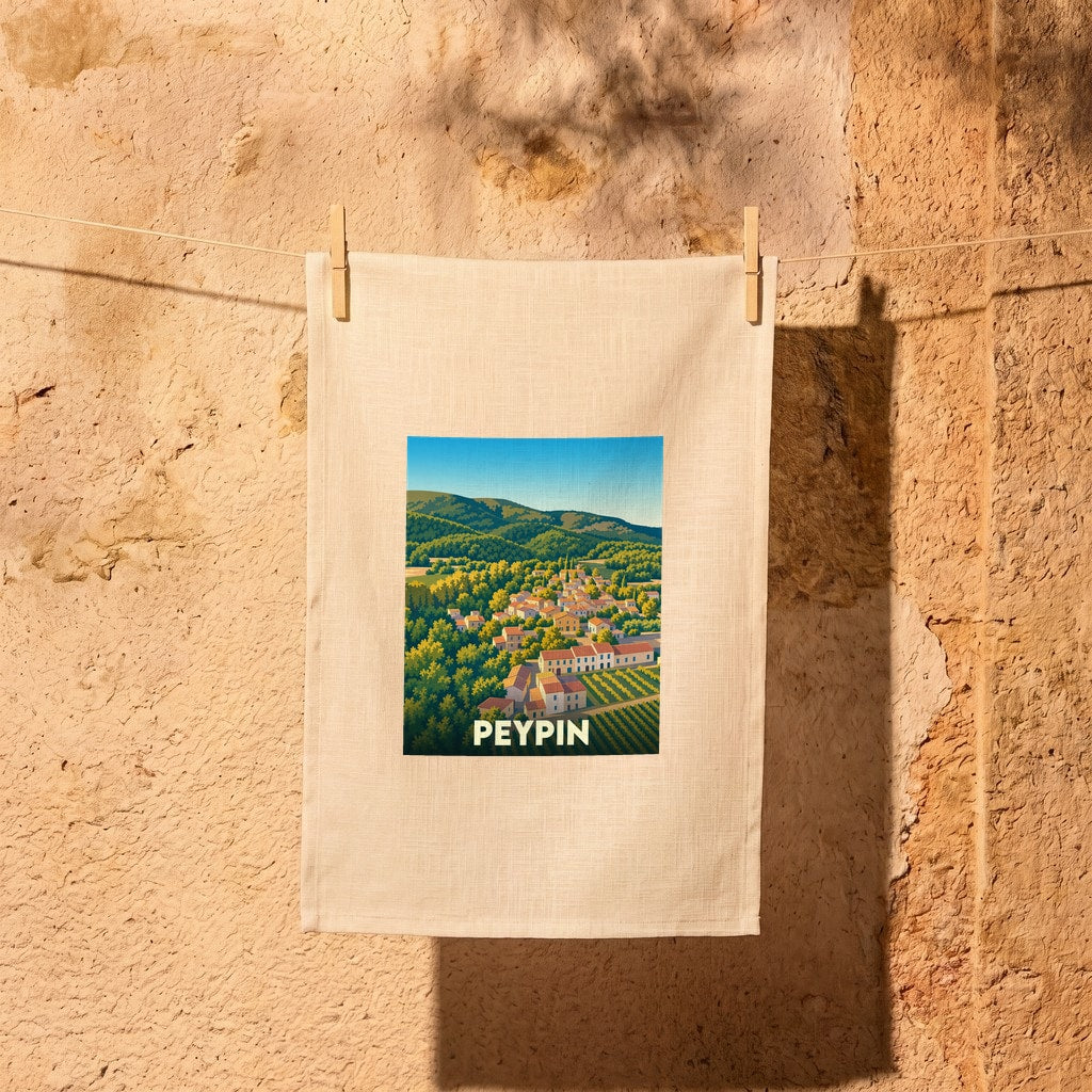 Torchon souvenir de la ville de Peypin avec une illustration stylisée de son paysage provençal.