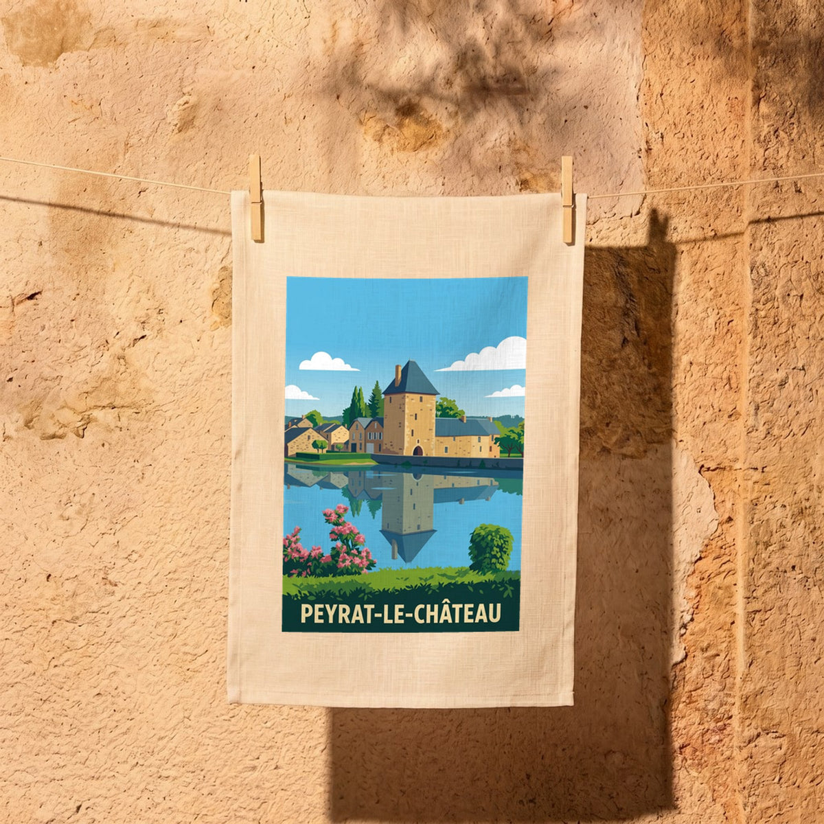 Torchon souvenir de la ville de Peyrat-le-Château avec une illustration stylisée du village au bord de l'eau.