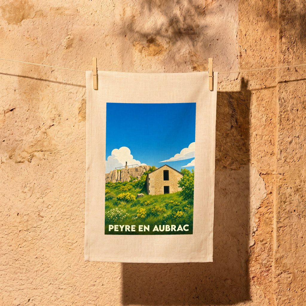 Torchon souvenir de la ville de Peyre en Aubrac avec une illustration stylisée.