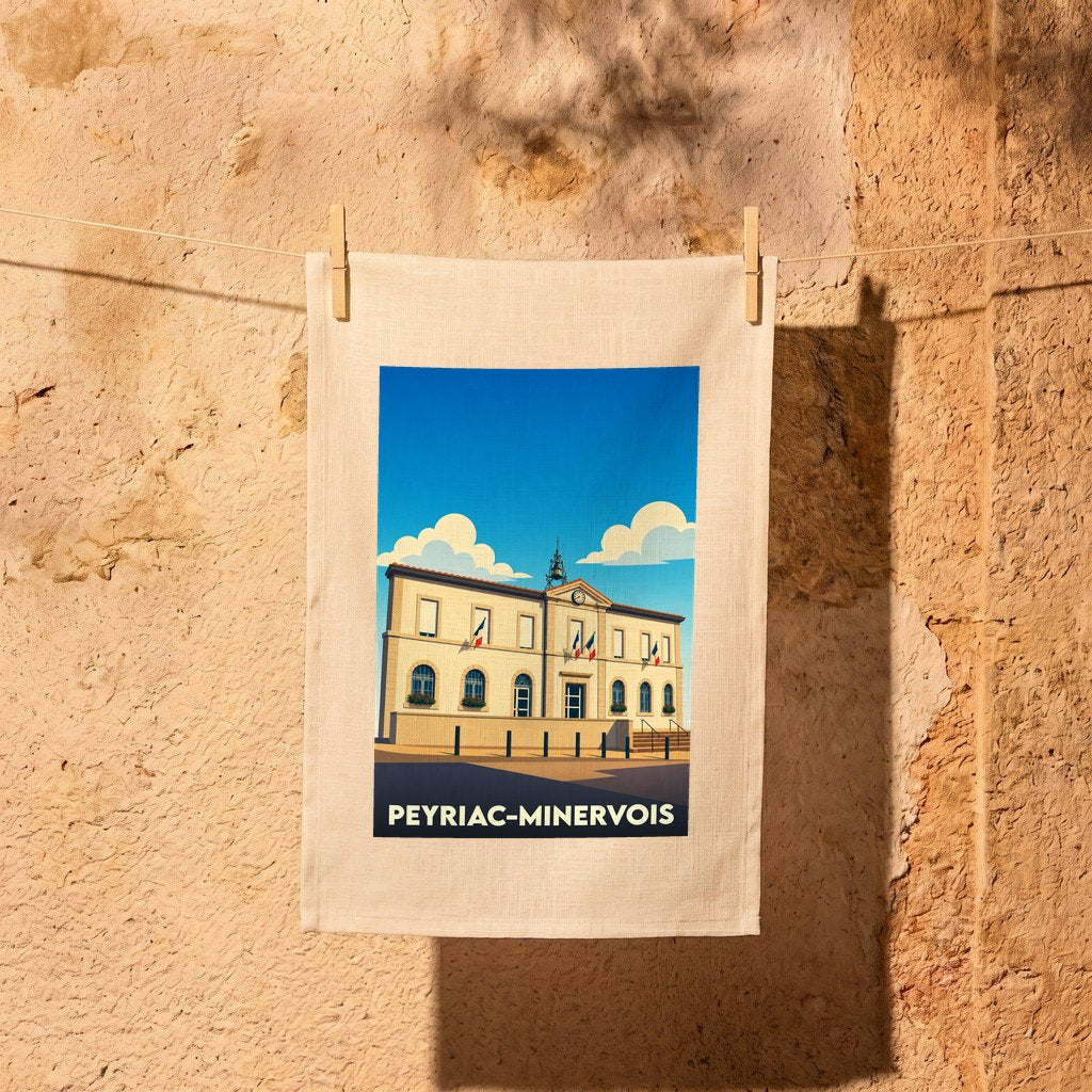 Torchon souvenir de la ville de Peyriac-Minervois avec une illustration stylisée de sa mairie.