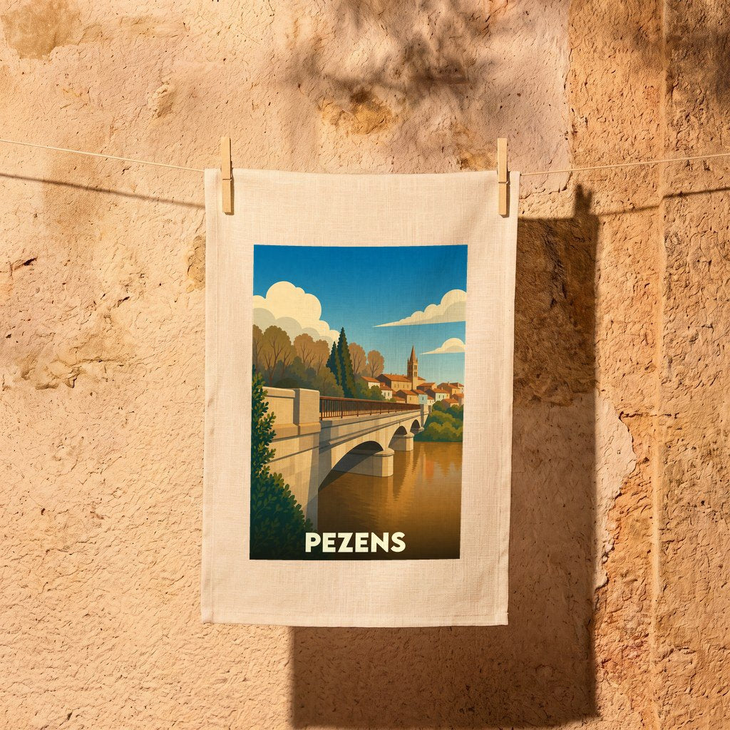 Torchon souvenir de la ville de Pezens orné d'une illustration stylisée représentant un pont de pierre.