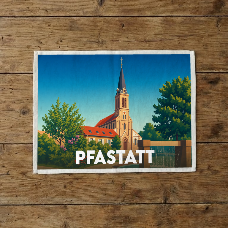 Torchon souvenir de la ville de Pfastatt orné d'une illustration stylisée de son église et d'un paysage verdoyant.