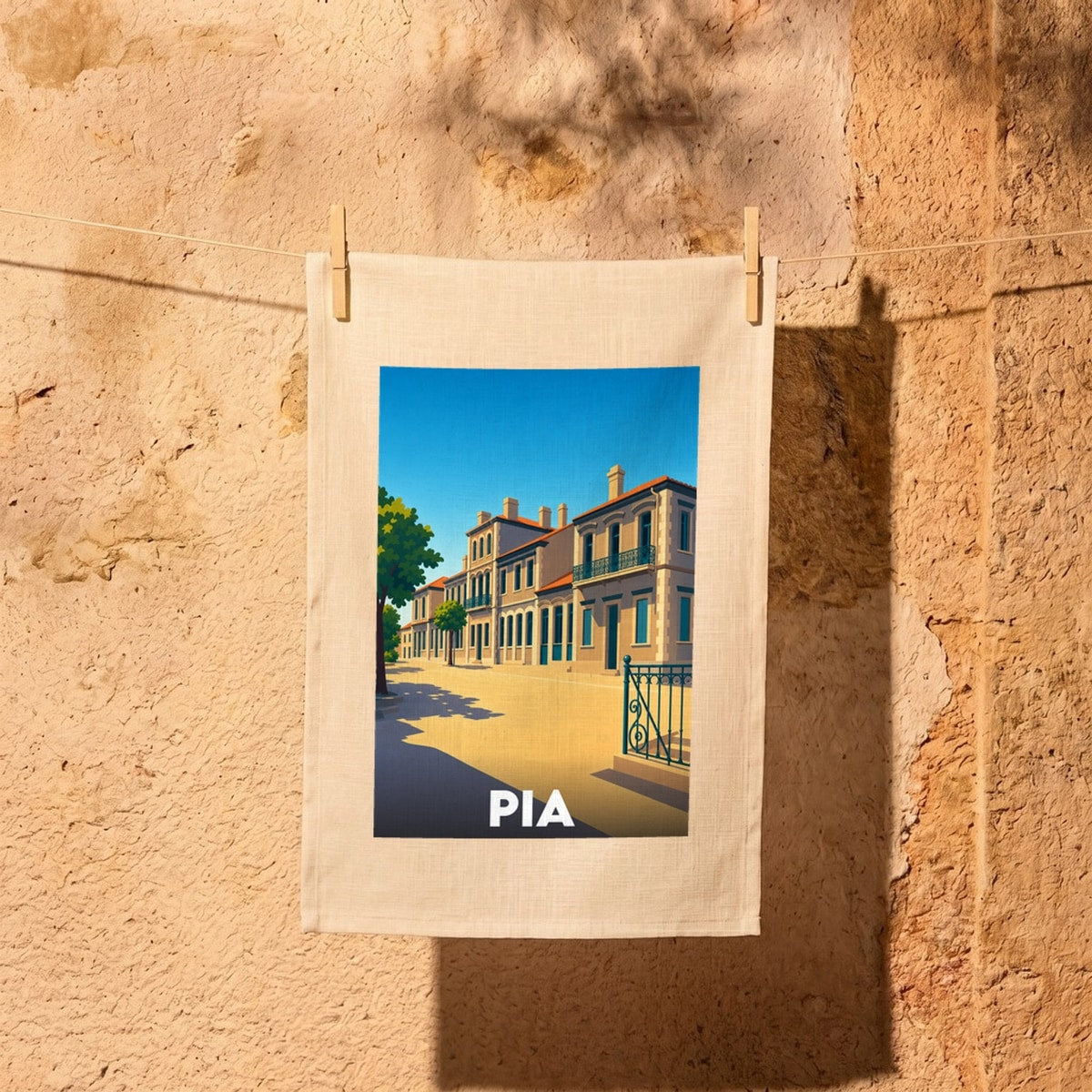 Torchon souvenir de la ville de Pia avec une illustration stylisée de bâtiments traditionnels.