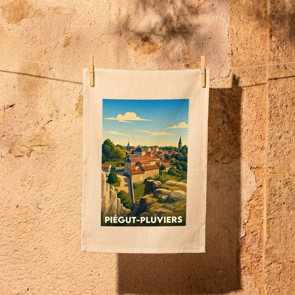 Torchon souvenir de la ville de Piégut-Pluviers avec une illustration stylisée.