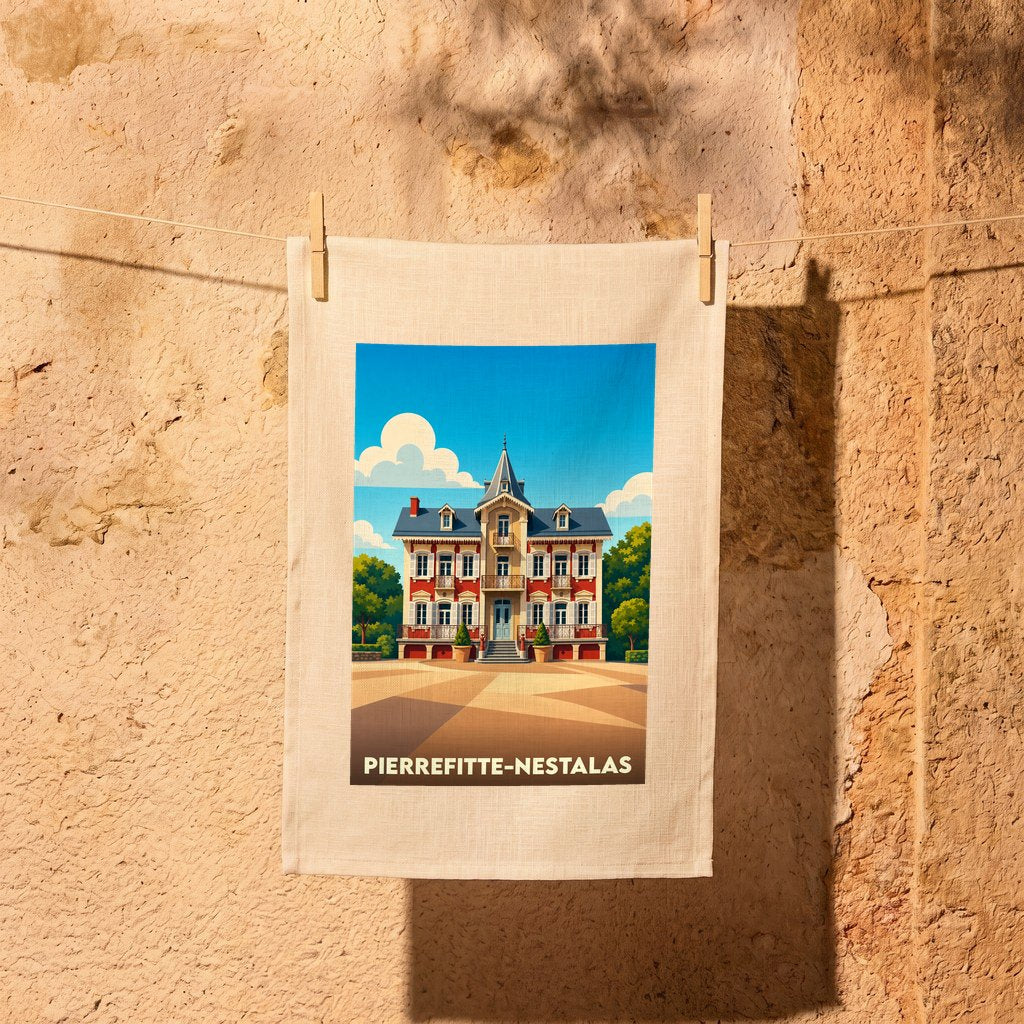 Torchon souvenir de la ville de Pierrefitte-Nestalas avec une illustration stylisée d'une demeure bourgeoise régionale.