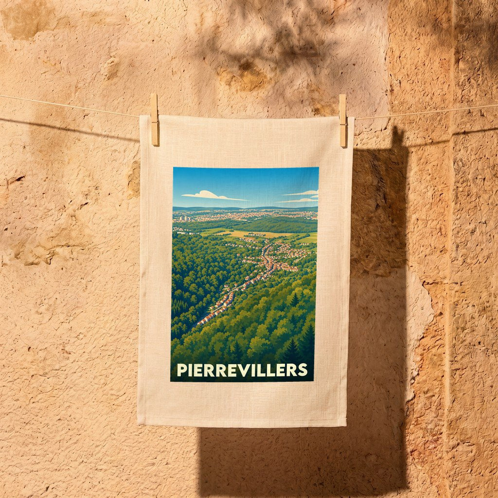 Torchon souvenir de la ville de Pierrevillers avec une illustration stylisée.