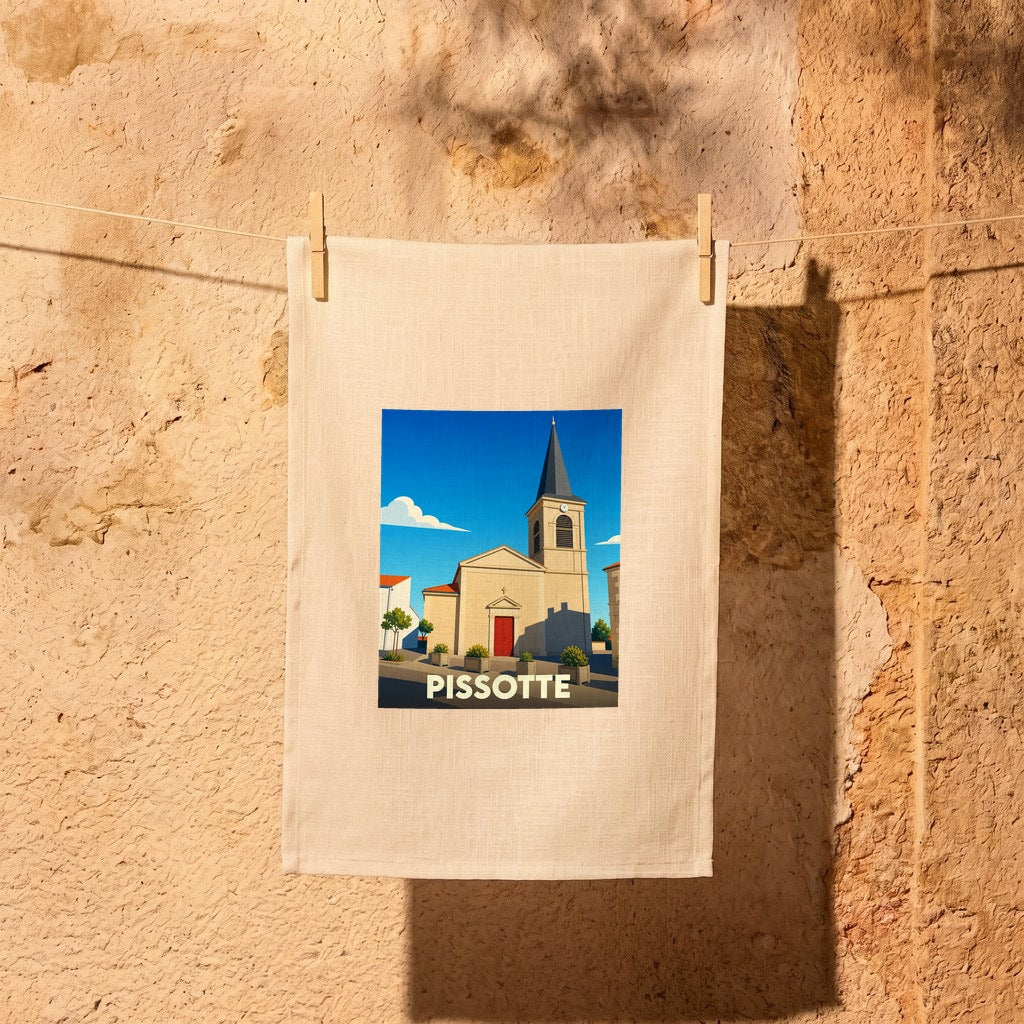 Torchon souvenir de la ville de Pissotte avec une illustration stylisée de son église sous un ciel bleu.