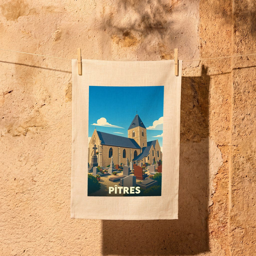 Torchon souvenir de la ville de Pîtres illustré d'une église et son cimetière dans un style graphique épuré.