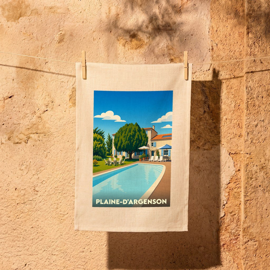 Torchon souvenir de la ville de Plaine-d'Argenson avec une illustration stylisée d'une villa avec piscine.