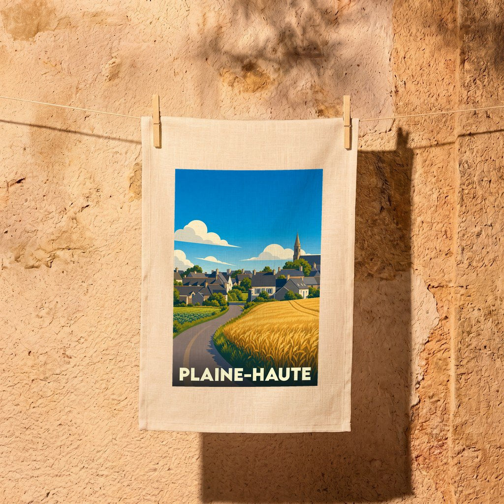 Torchon souvenir de la ville de Plaine-Haute avec une illustration stylisée de son paysage rural.