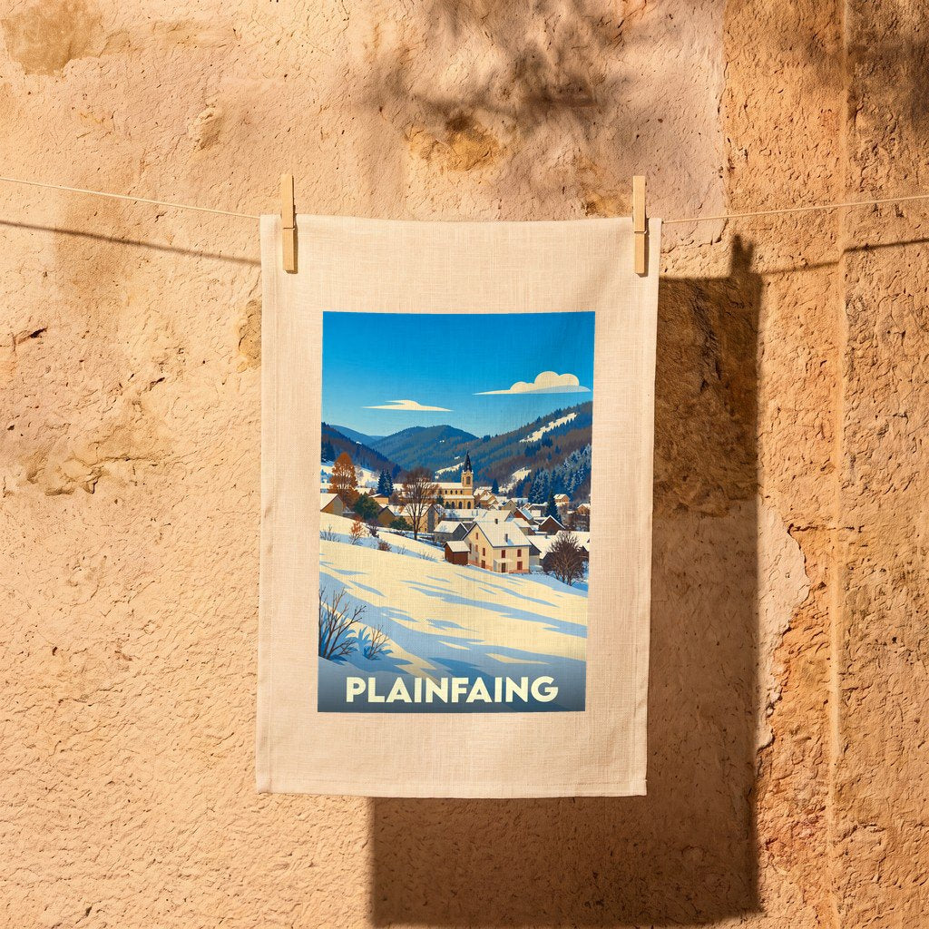 Torchon souvenir de la ville de Plainfaing avec une illustration hivernale stylisée.