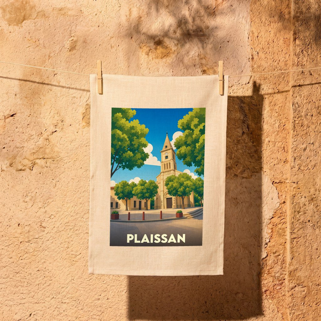 Torchon souvenir de la ville de Plaissan avec une illustration stylisée de son église et de ses arbres.