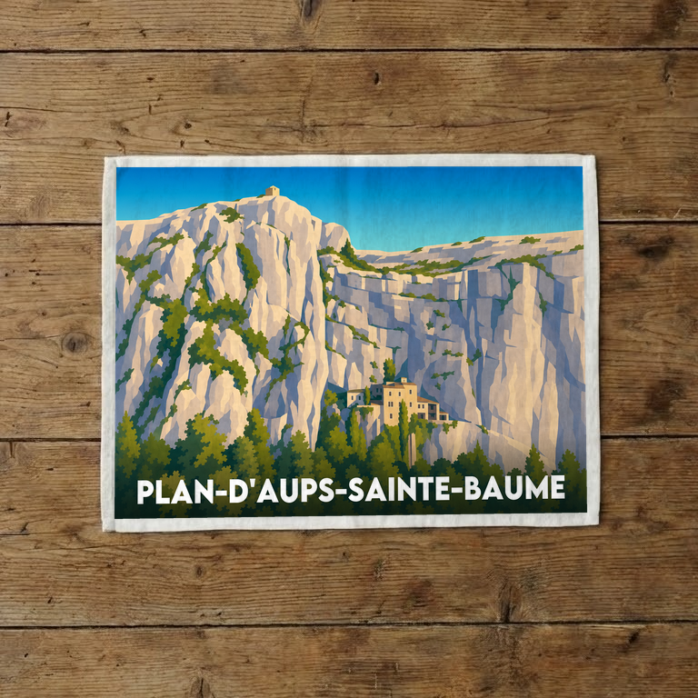 Torchon souvenir de la ville de Plan-d'Aups-Sainte-Baume avec une illustration stylisée de ses falaises de calcaire.