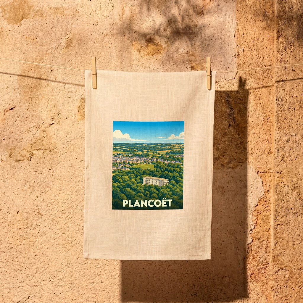 Torchon souvenir de la ville de Plancoët avec une illustration stylisée d'un paysage verdoyant.