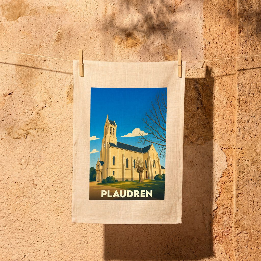 Torchon souvenir de la ville de Plaudren avec une illustration stylisée de son église.