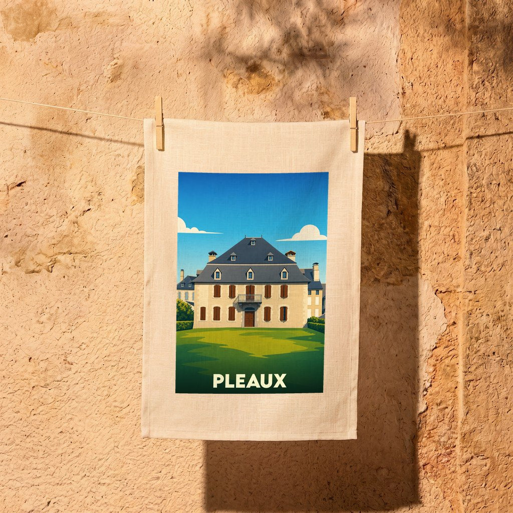 Torchon souvenir de la ville de Pleaux avec une illustration stylisée d'une demeure historique.