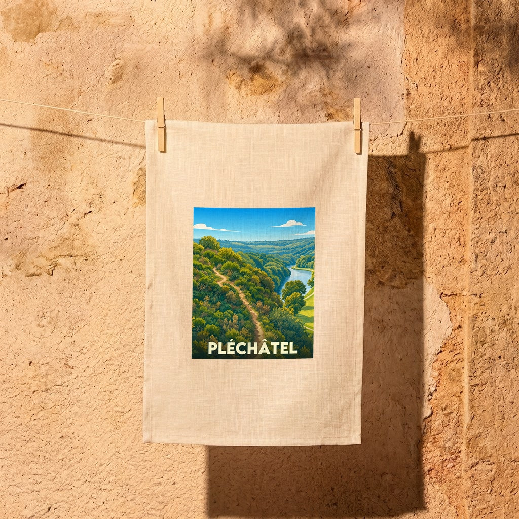 Torchon souvenir de la ville de Pléchâtel avec une illustration stylisée d'un paysage naturel de vallée.