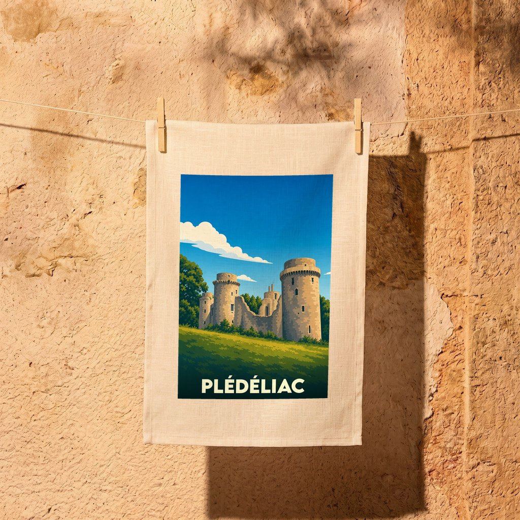 Torchon souvenir de la ville de Plédéliac orné d'une illustration stylisée du château de la Hunaudaye.
