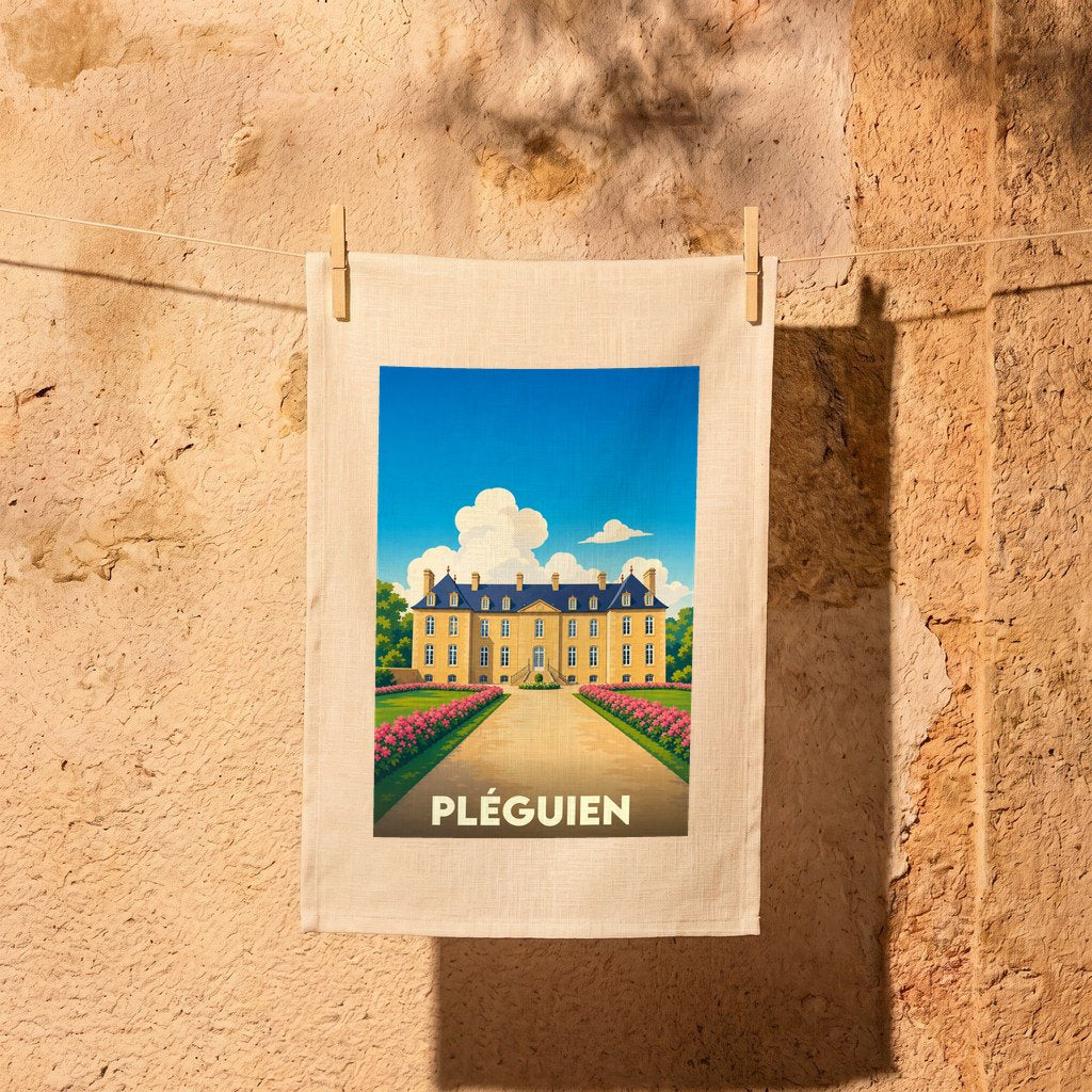 Torchon souvenir de la ville de Pléguien illustré par un manoir coloré au bout d'une allée fleurie.