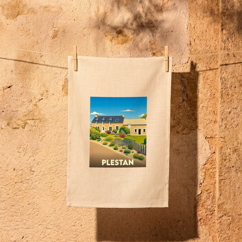 Torchon souvenir de la ville de Plestan avec une illustration stylisée d'une maison traditionnelle bretonne.