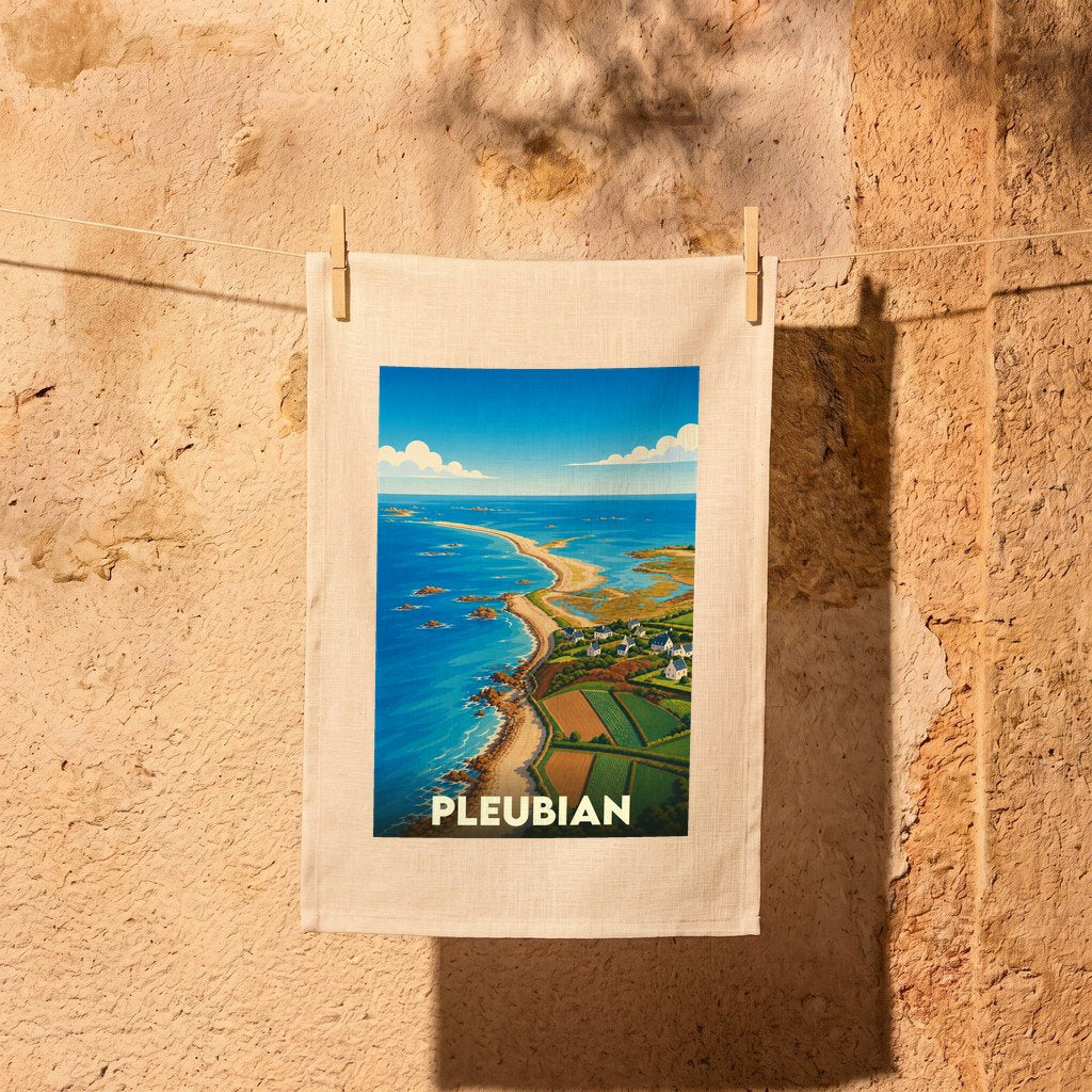 Torchon souvenir de la ville de Pleubian avec une illustration stylisée de son littoral.