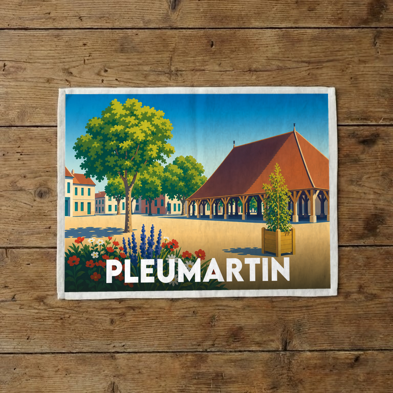Torchon souvenir de la ville de Pleumartin avec une illustration stylisée.