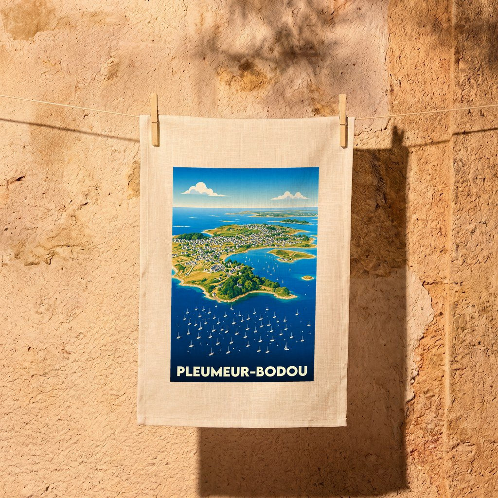 Torchon souvenir de la ville de Pleumeur-Bodou avec une illustration stylisée de son littoral.