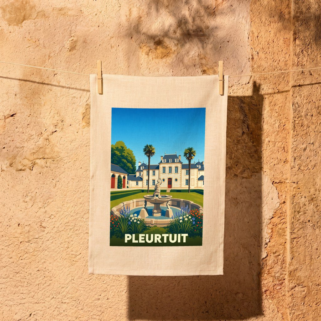 Torchon souvenir de la ville de Pleurtuit avec une illustration stylisée d'un manoir et de sa fontaine.