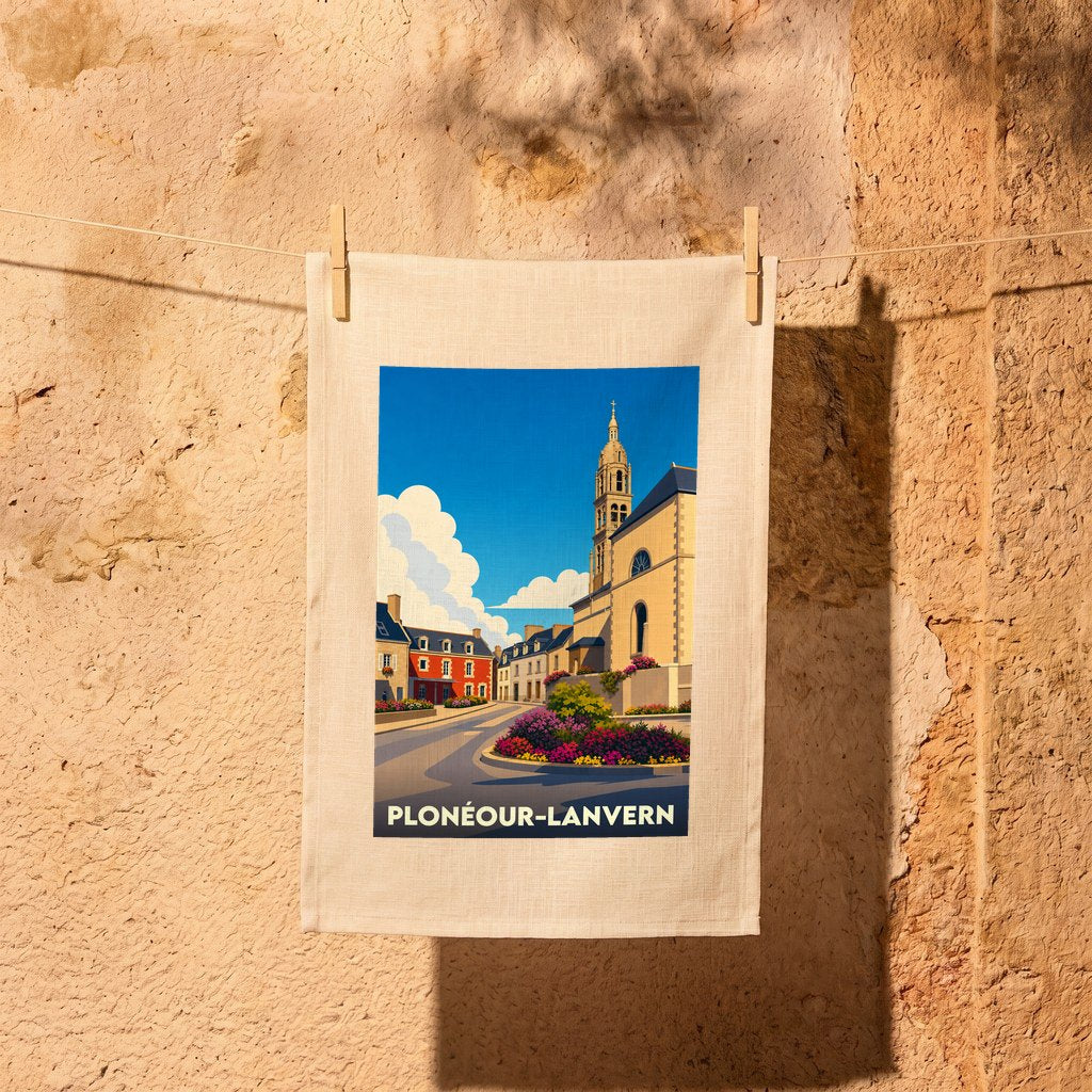 Torchon souvenir de la ville de Plonéour-Lanvern avec une illustration stylisée de son église et de ses maisons colorées.