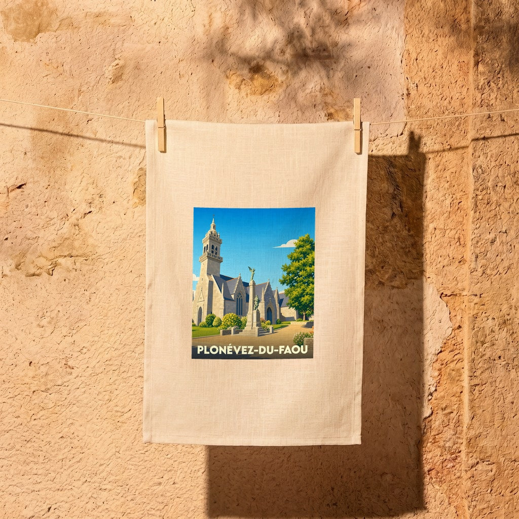 Torchon souvenir de Plonévez-du-Faou orné d'une illustration stylisée de son église et de sa place centrale.