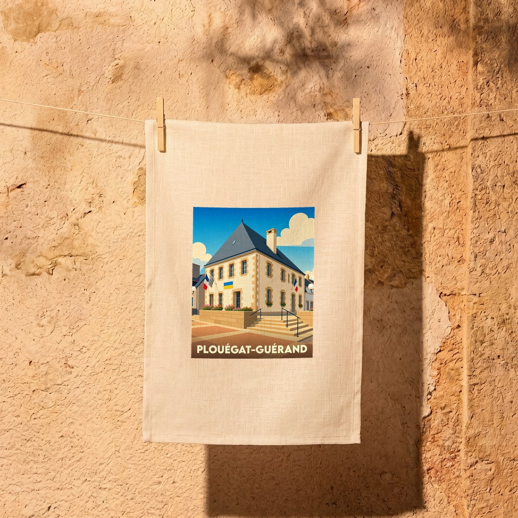 Torchon souvenir de la ville de Plouégat-Guérand avec une illustration stylisée de sa mairie.