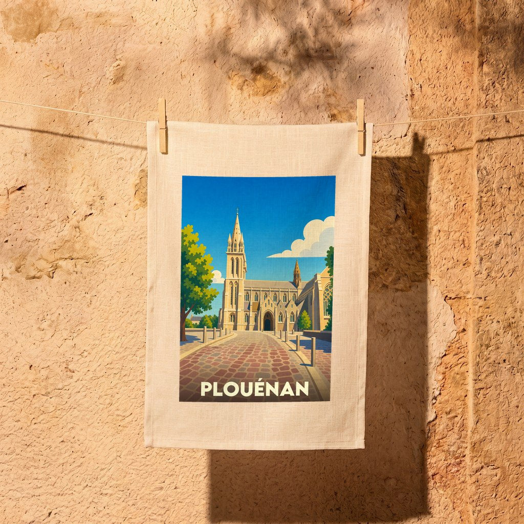 Torchon souvenir de la ville de Plouénan avec une illustration stylisée de son église et de ses rues pavées.