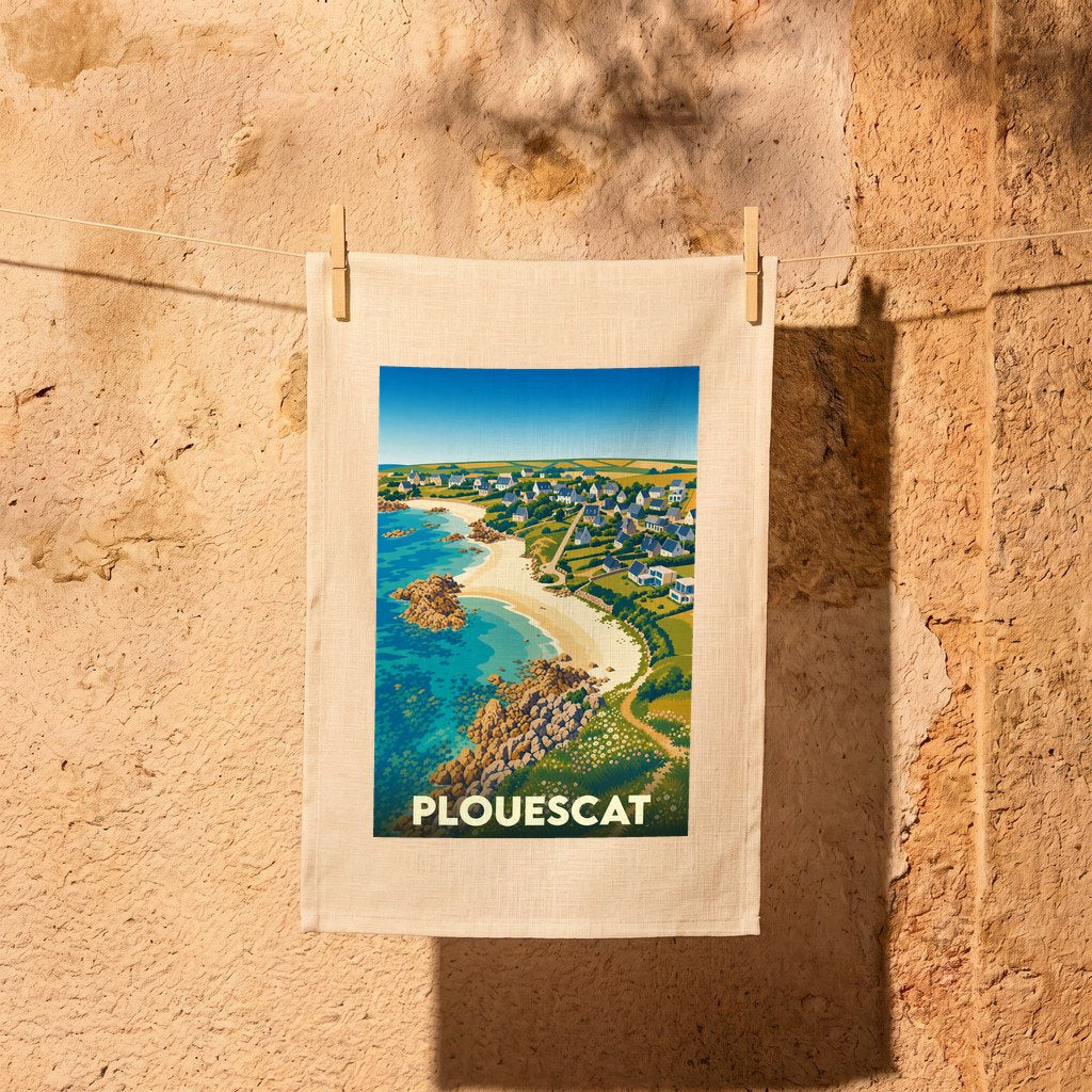 Torchon souvenir de la ville de Plouescat avec une illustration stylisée de son littoral.