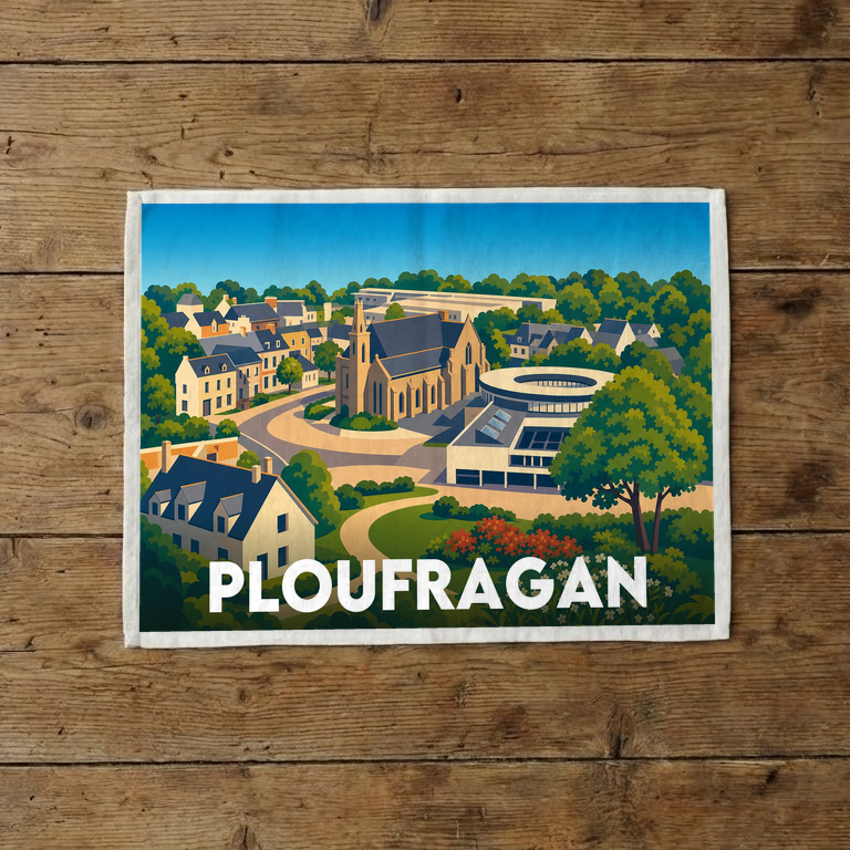 Torchon souvenir de la ville de Ploufragan avec une illustration stylisée et colorée de son paysage urbain.