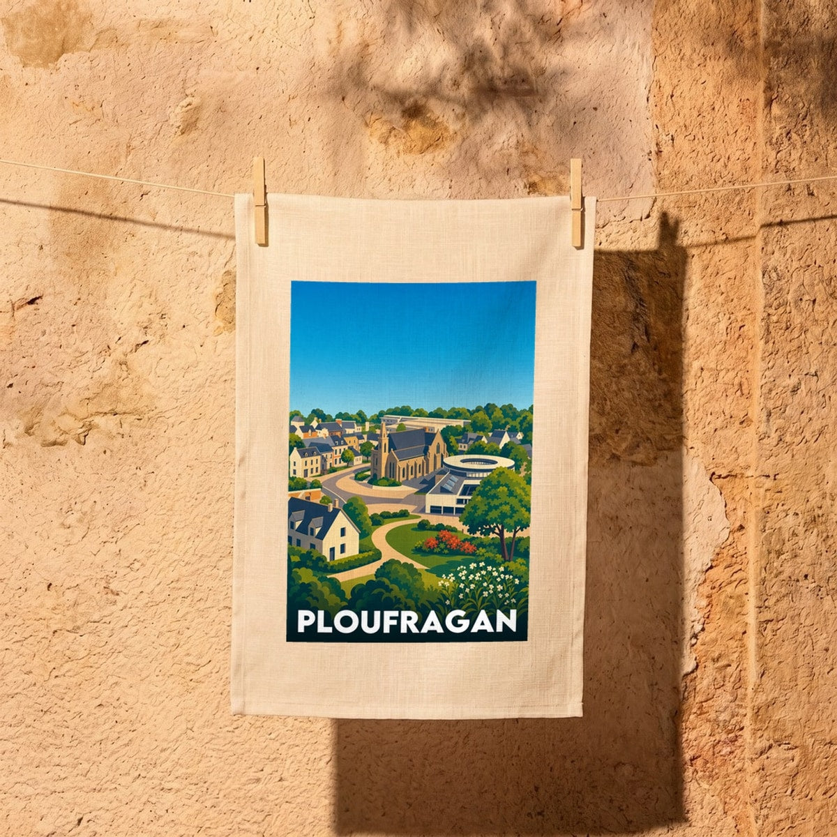 Torchon souvenir de la ville de Ploufragan avec une illustration stylisée et colorée de son paysage urbain.