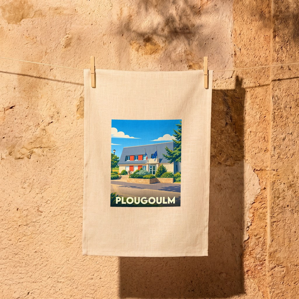 Torchon souvenir de la ville de Plougoulm avec une illustration stylisée.