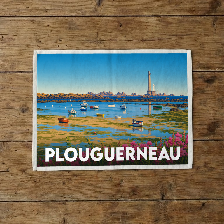 Torchon souvenir de la ville de Plouguerneau illustré d'un paysage côtier avec son phare et ses bateaux.