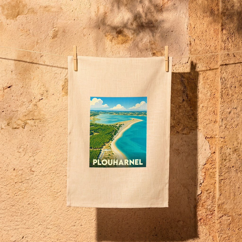 Torchon souvenir de la ville de Plouharnel illustré d'une vue aérienne stylisée du littoral.